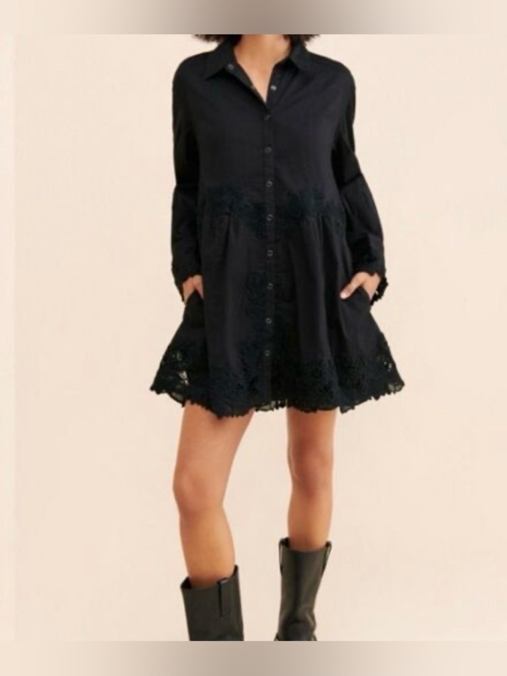 Free People Black Embroidered tunic Dress boho lace trim button front XS